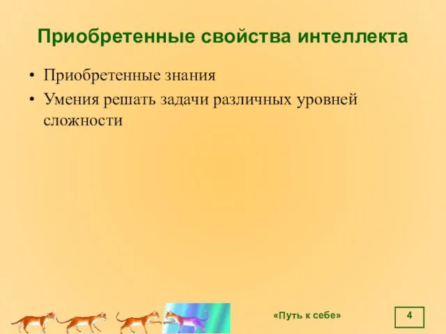 Приобретенные свойства интеллекта Приобретенные знания Умения решать задачи различных уровней сложности