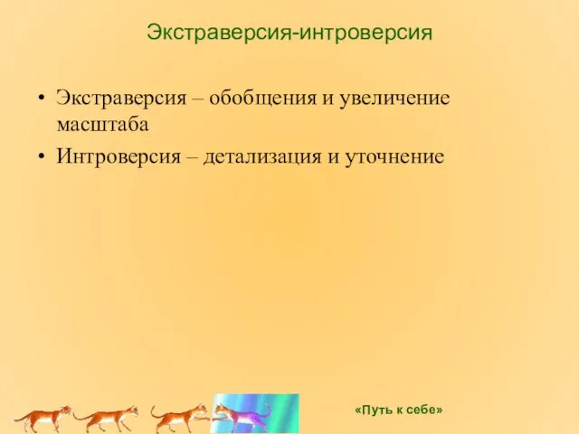 Экстраверсия-интроверсия Экстраверсия – обобщения и увеличение масштаба Интроверсия – детализация и уточнение