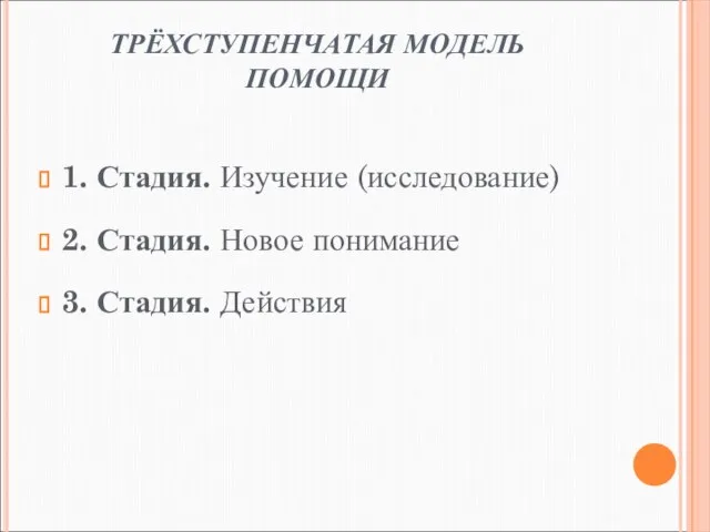 ТРЁХСТУПЕНЧАТАЯ МОДЕЛЬ ПОМОЩИ 1. Стадия. Изучение (исследование) 2. Стадия. Новое понимание 3. Стадия. Действия