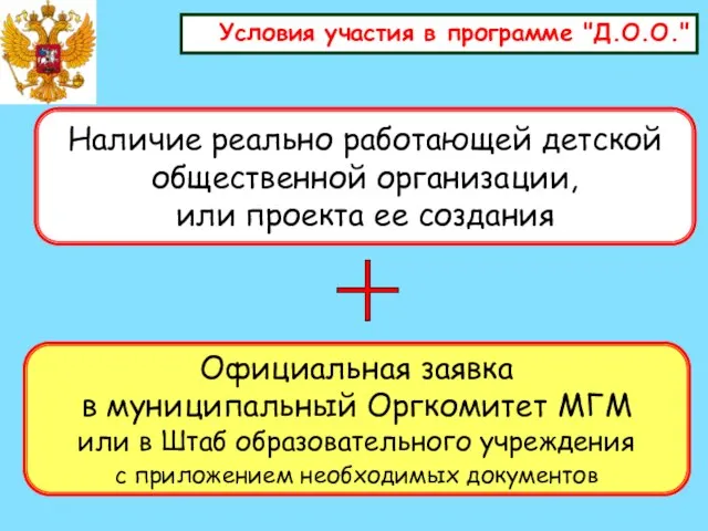 Условия участия в программе "Д.О.О." Наличие реально работающей детской общественной организации, или