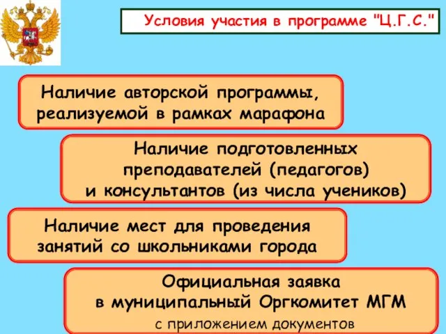 Условия участия в программе "Ц.Г.С." Наличие авторской программы, реализуемой в рамках марафона