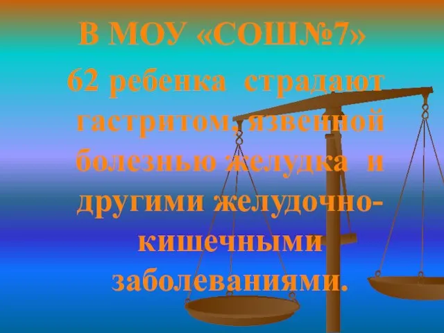 В МОУ «СОШ№7» 62 ребенка страдают гастритом, язвенной болезнью желудка и другими желудочно-кишечными заболеваниями.