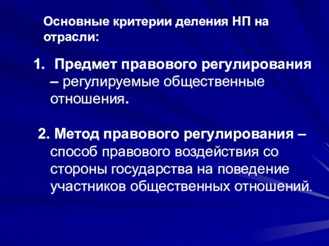 Основные критерии деления НП на отрасли: Предмет правового регулирования – регулируемые общественные