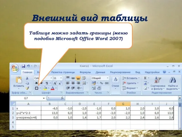 Внешний вид таблицы Таблице можно задать границы (меню подобно Microsoft Office Word 2007)