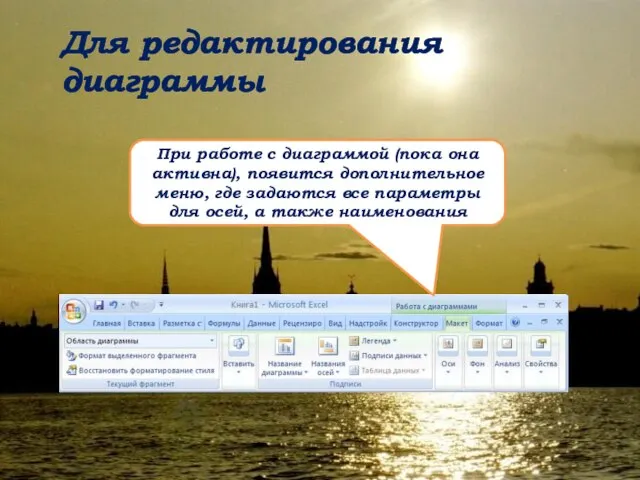 Для редактирования диаграммы При работе с диаграммой (пока она активна), появится дополнительное