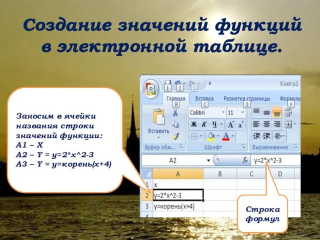 Создание значений функций в электронной таблице. Строка формул Заносим в ячейки названия