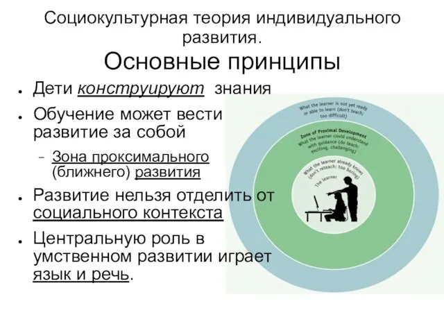 Социокультурная теория индивидуального развития. Основные принципы Дети конструируют знания Обучение может вести