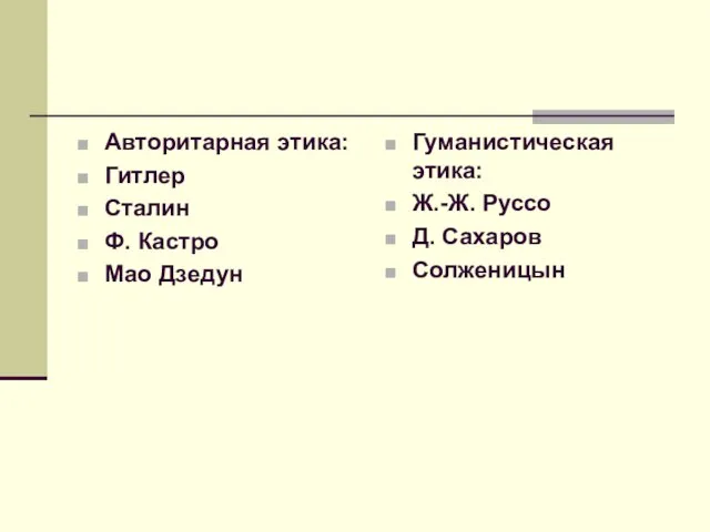 Авторитарная этика: Гитлер Сталин Ф. Кастро Мао Дзедун Гуманистическая этика: Ж.-Ж. Руссо Д. Сахаров Солженицын