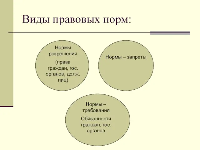 Виды правовых норм: Нормы разрешения (права граждан, гос.органов, долж.лиц) Нормы –требования Обязанности