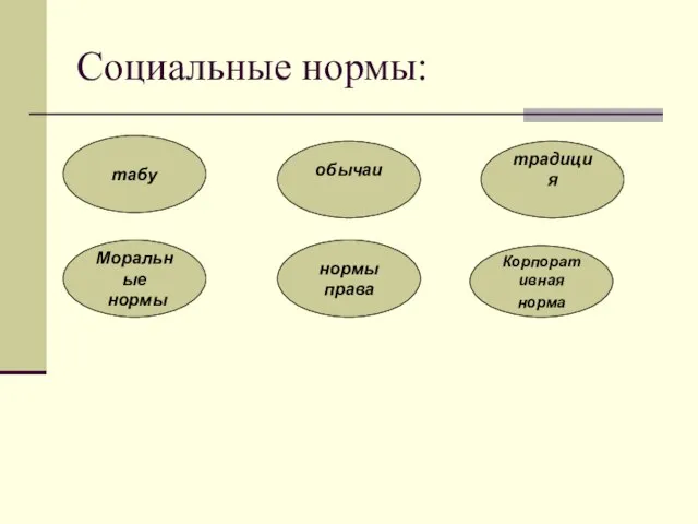 Социальные нормы: Корпоративная норма табу Моральные нормы традиция обычаи нормы права