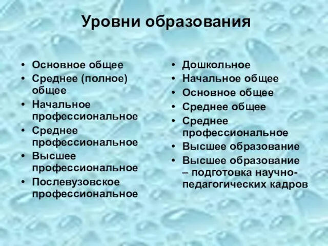 Уровни образования Основное общее Среднее (полное) общее Начальное профессиональное Среднее профессиональное Высшее