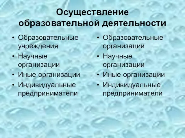 Осуществление образовательной деятельности Образовательные учреждения Научные организации Иные организации Индивидуальные предприниматели Образовательные