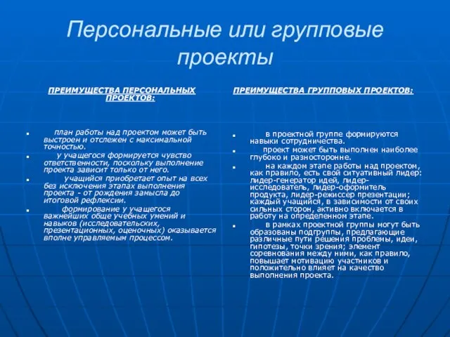 Персональные или групповые проекты ПРЕИМУЩЕСТВА ПЕРСОНАЛЬНЫХ ПРОЕКТОВ: план работы над проектом может