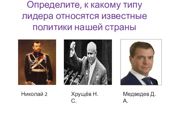 Определите, к какому типу лидера относятся известные политики нашей страны Николай 2 Хрущёв Н.С. Медведев Д.А.