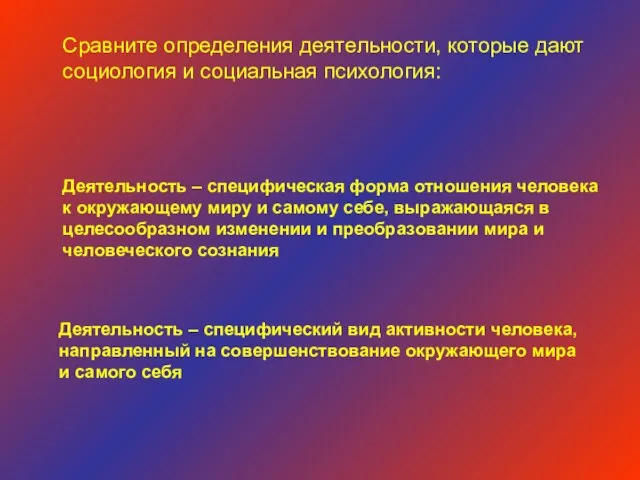 Сравните определения деятельности, которые дают социология и социальная психология: Деятельность – специфическая