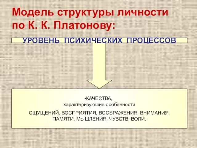 Модель структуры личности по К. К. Платонову: УРОВЕНЬ ПСИХИЧЕСКИХ ПРОЦЕССОВ КАЧЕСТВА, характеризующие