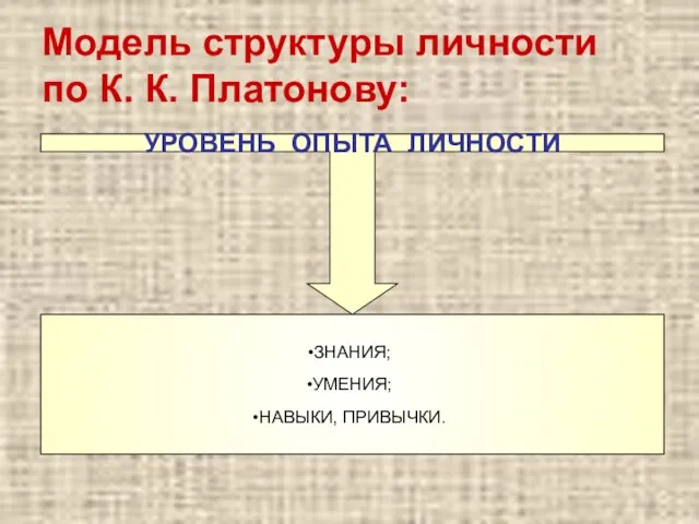 Модель структуры личности по К. К. Платонову: УРОВЕНЬ ОПЫТА ЛИЧНОСТИ ЗНАНИЯ; УМЕНИЯ; НАВЫКИ, ПРИВЫЧКИ.