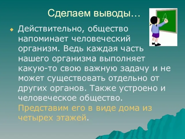 Сделаем выводы… Действительно, общество напоминает человеческий организм. Ведь каждая часть нашего организма