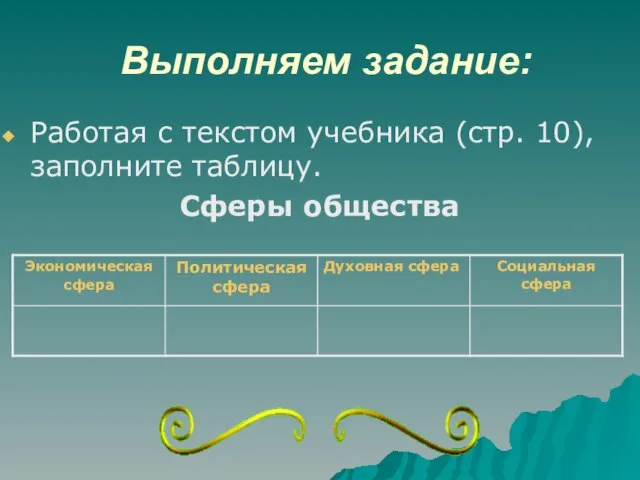 Выполняем задание: Работая с текстом учебника (стр. 10), заполните таблицу. Сферы общества