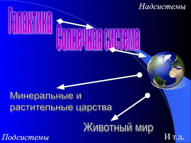 Солнечная система Галактика Минеральные и растительные царства Животный мир И т.д. Надсистемы Подсистемы