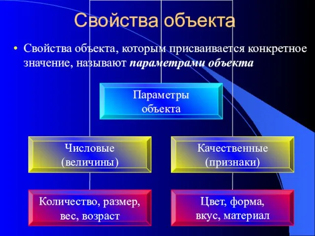 Свойства объекта Свойства объекта, которым присваивается конкретное значение, называют параметрами объекта