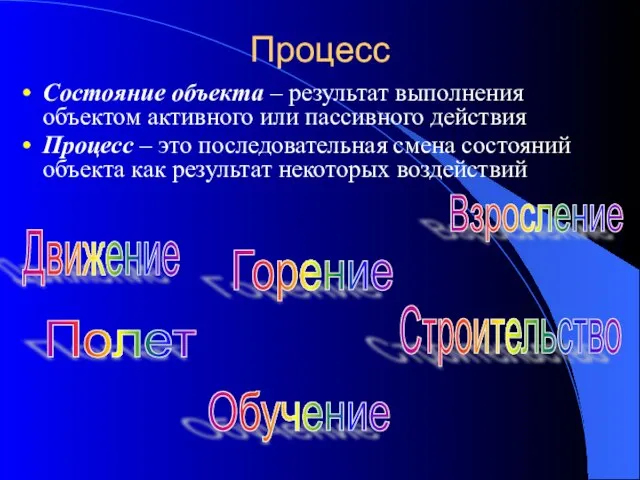 Процесс Состояние объекта – результат выполнения объектом активного или пассивного действия Процесс