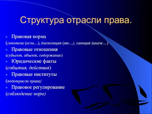 Структура отрасли права. Правовая норма (гипотеза (если…), диспозиция (то…), санкция (иначе…) Правовые