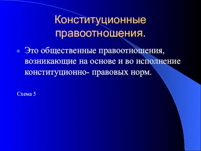 Конституционные правоотношения. Это общественные правоотношения, возникающие на основе и во исполнение конституционно- правовых норм. Схема 5