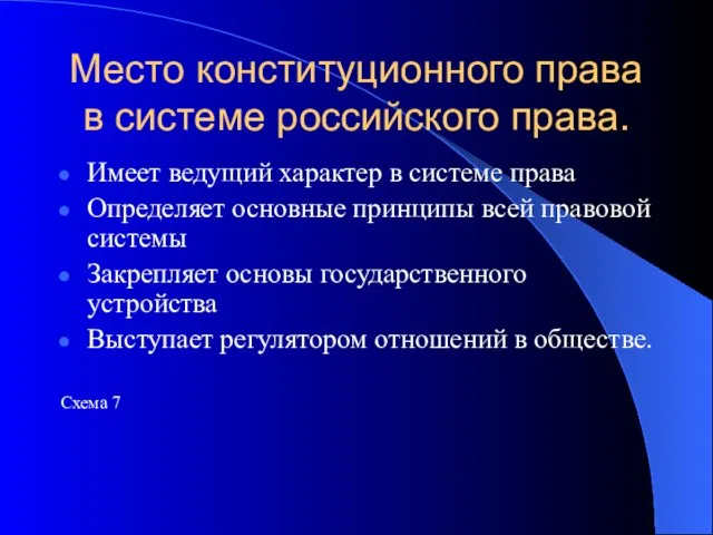 Место конституционного права в системе российского права. Имеет ведущий характер в системе