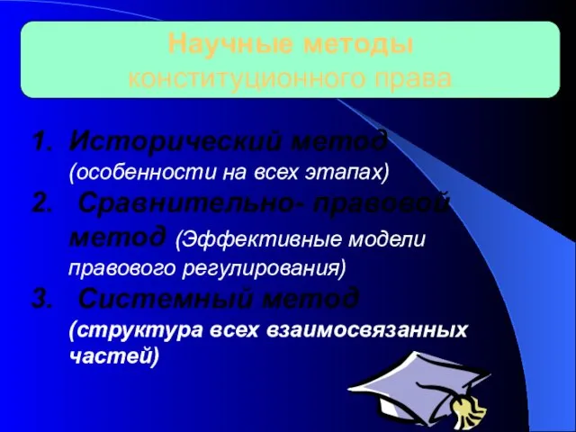 Научные методы конституционного права Исторический метод (особенности на всех этапах) Сравнительно- правовой