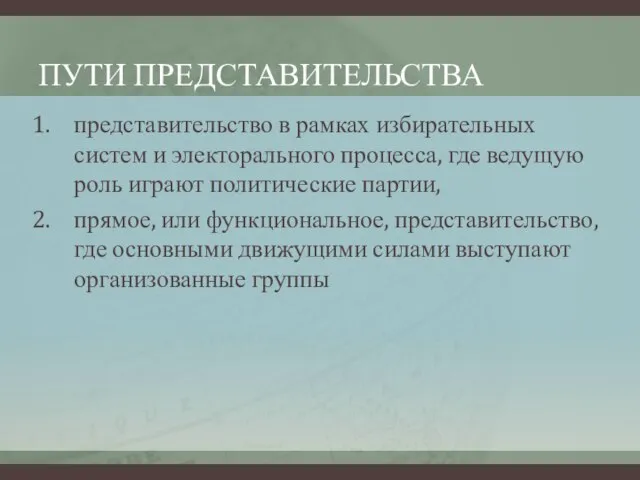 ПУТИ ПРЕДСТАВИТЕЛЬСТВА представительство в рамках избирательных систем и электорального процесса, где ведущую