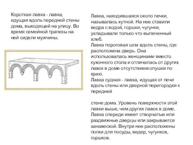 Короткая лавка - лавка, идущая вдоль передней стены дома, выходящей на улицу.