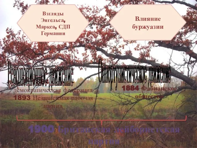 Влияние буржуазии 1884 Социал-демократическая федерация 1893 Независимая рабочая партия 1884 Фабианское общество