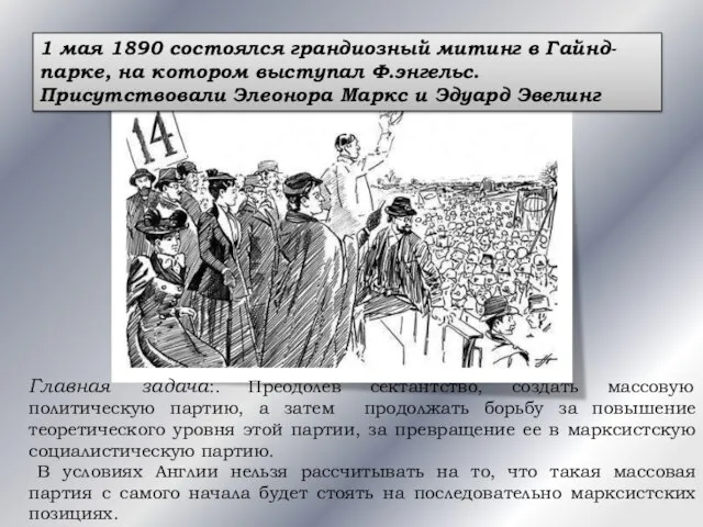 1 мая 1890 состоялся грандиозный митинг в Гайнд-парке, на котором выступал Ф.энгельс.