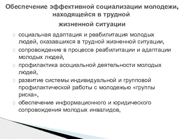 Обеспечение эффективной социализации молодежи, находящейся в трудной жизненной ситуации социальная адаптация и