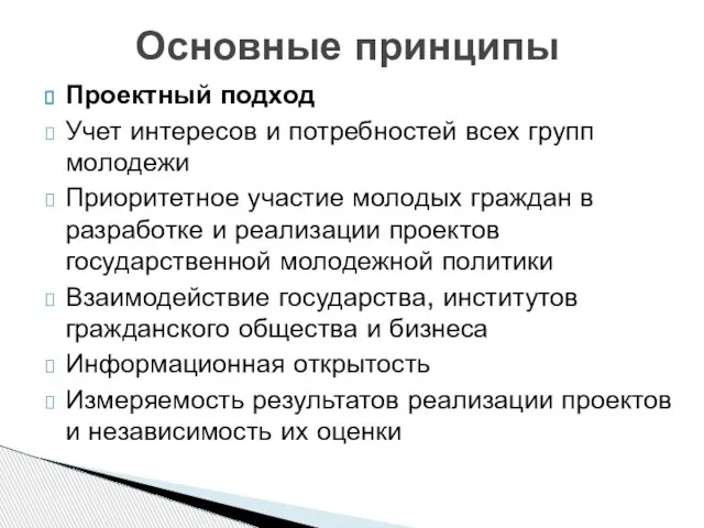 Основные принципы Проектный подход Учет интересов и потребностей всех групп молодежи Приоритетное