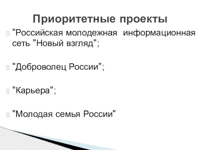 Приоритетные проекты "Российская молодежная информационная сеть "Новый взгляд"; "Доброволец России"; "Карьера"; "Молодая семья России"