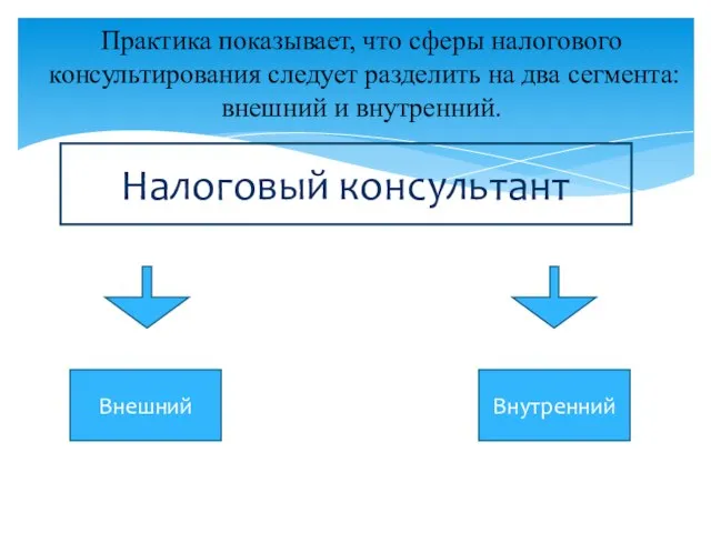 Практика показывает, что сферы налогового консультирования следует разделить на два сегмента: внешний