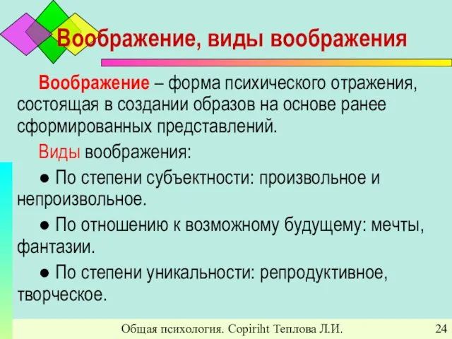 Общая психология. Copiriht Теплова Л.И. Воображение, виды воображения Воображение – форма психического