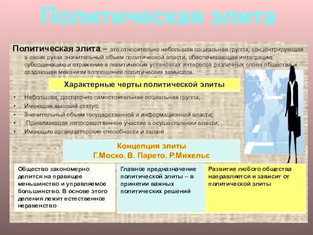 Политическая элита – это относительно небольшая социальная группа, концентрирующая в своих руках