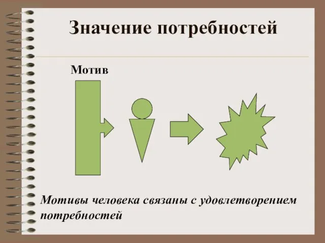 Значение потребностей Мотив Мотивы человека связаны с удовлетворением потребностей