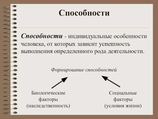 Способности Способности - индивидуальные особенности человека, от которых зависит успешность выполнения определенного