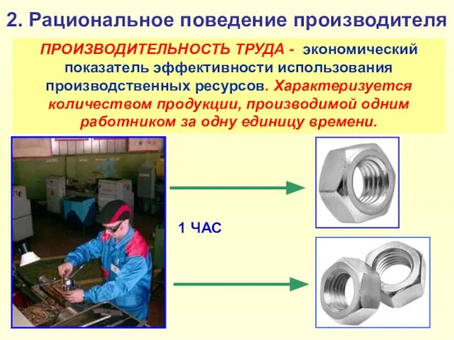 2. Рациональное поведение производителя ПРОИЗВОДИТЕЛЬНОСТЬ ТРУДА - экономический показатель эффективности использования производственных