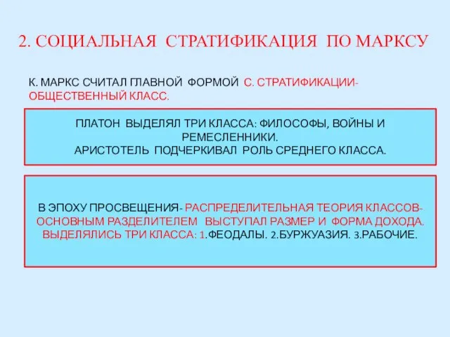 2. СОЦИАЛЬНАЯ СТРАТИФИКАЦИЯ ПО МАРКСУ К. МАРКС СЧИТАЛ ГЛАВНОЙ ФОРМОЙ С. СТРАТИФИКАЦИИ-