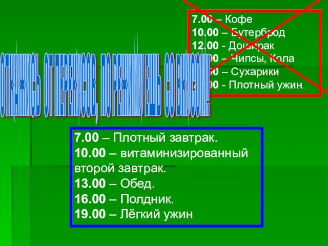 7.00 – Кофе 10.00 – Бутерброд 12.00 - Доширак 14.00 – Чипсы,