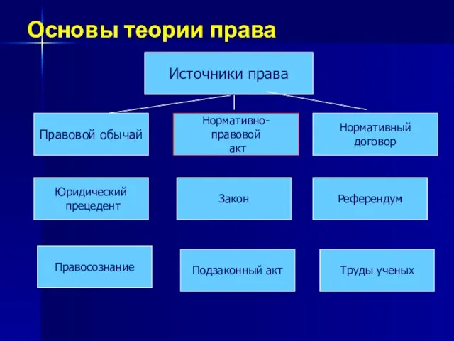 Основы теории права Правовой обычай Нормативно-правовой акт Нормативный договор Юридический прецедент Правосознание