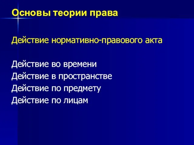 Основы теории права Действие нормативно-правового акта Действие во времени Действие в пространстве