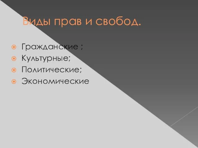 Виды прав и свобод. Гражданские ; Культурные; Политические; Экономические