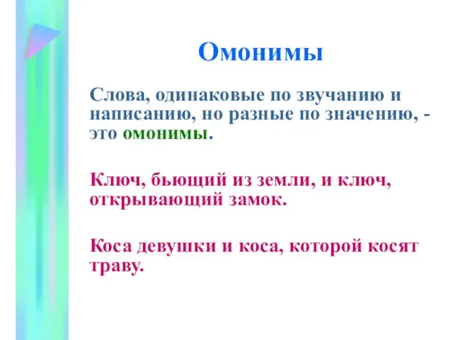 Омонимы Слова, одинаковые по звучанию и написанию, но разные по значению, -