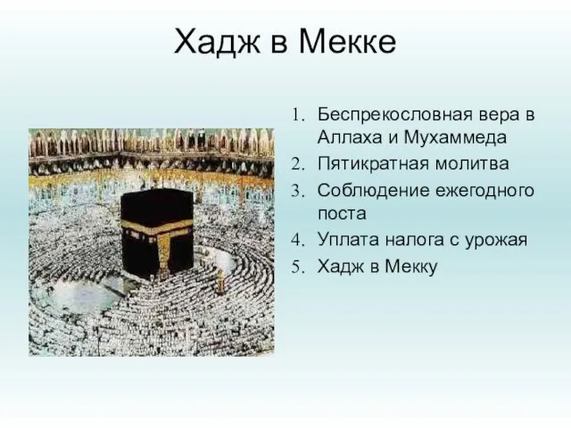 Хадж в Мекке Беспрекословная вера в Аллаха и Мухаммеда Пятикратная молитва Соблюдение